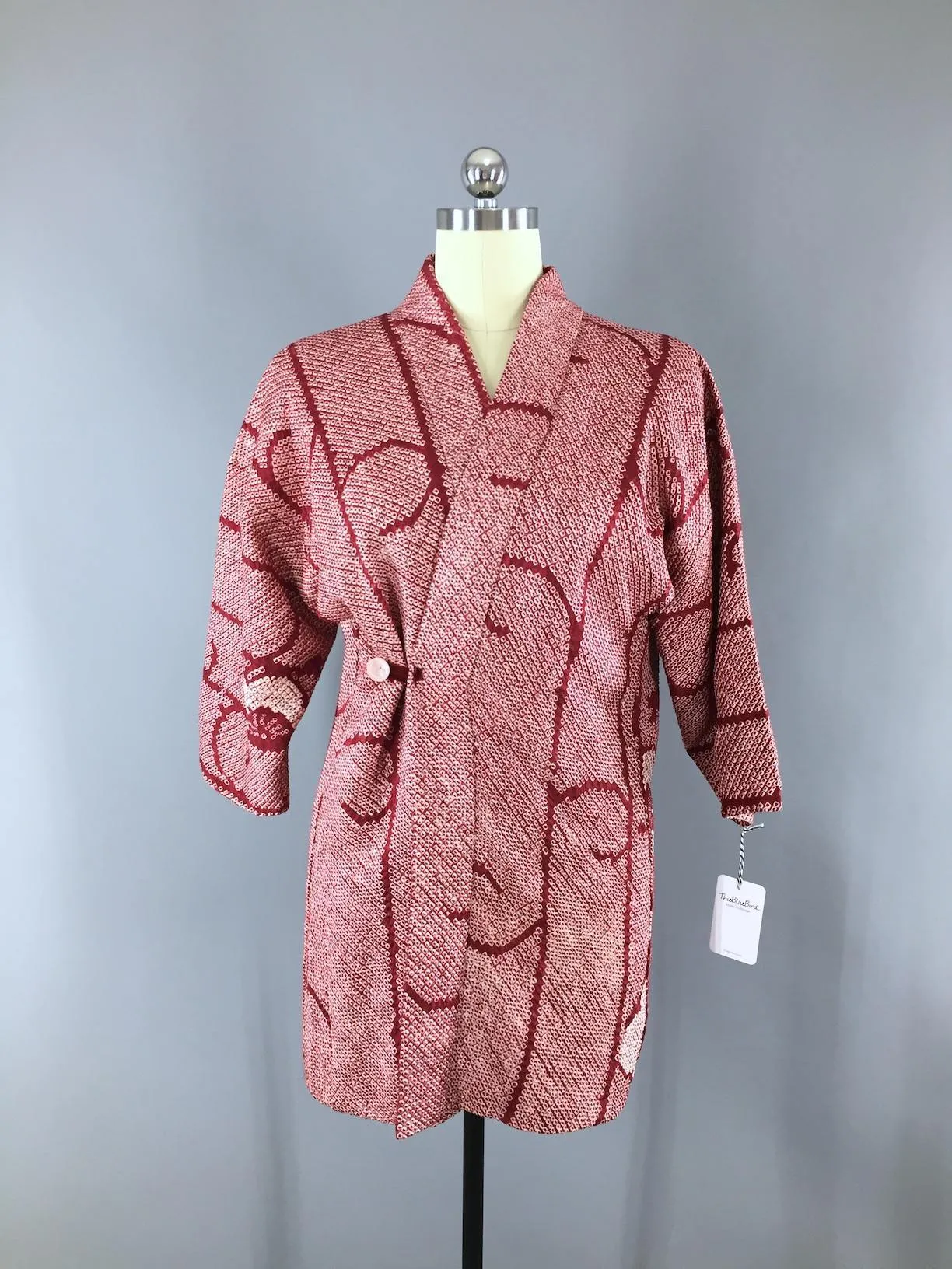 1950s Vintage Silk Haori Kimono Samue Jacket Wrap Coat / Dark Red & White Shibori Dyed