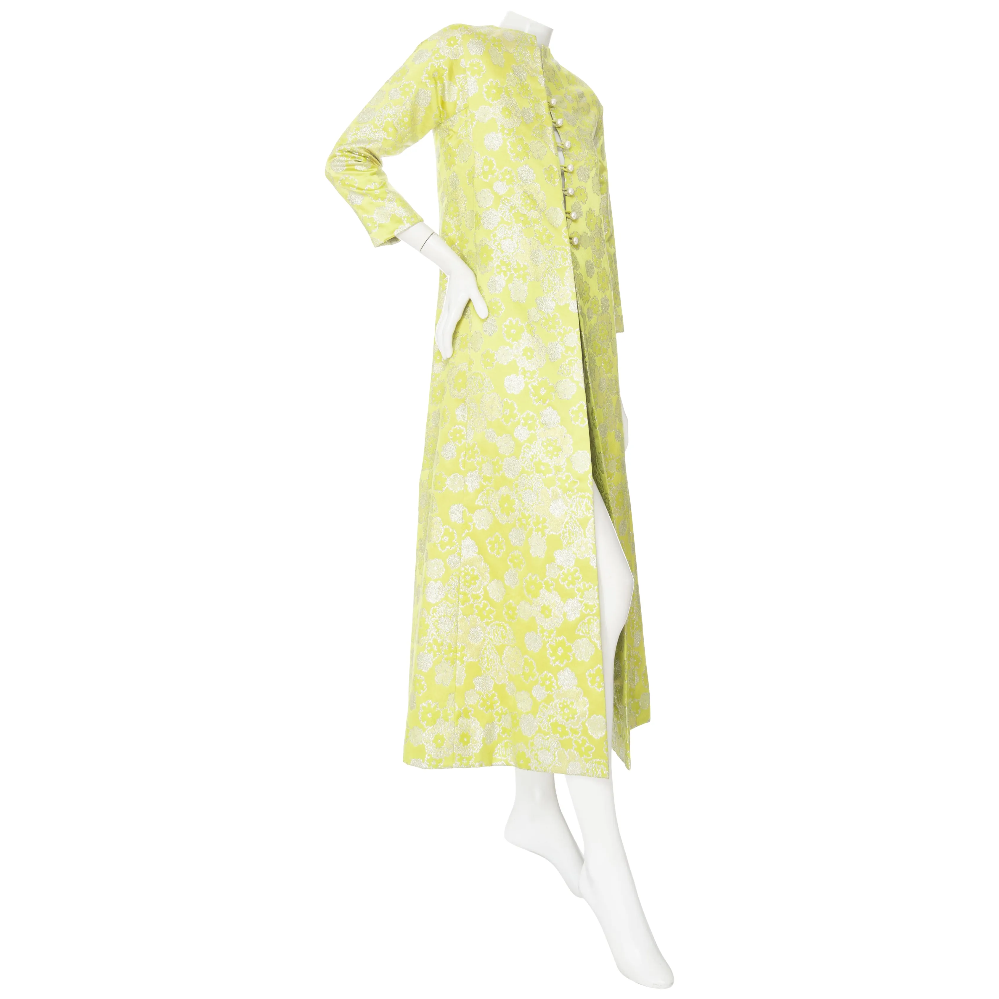 1960s Haute Couture Lime Floral Brocade Caftan