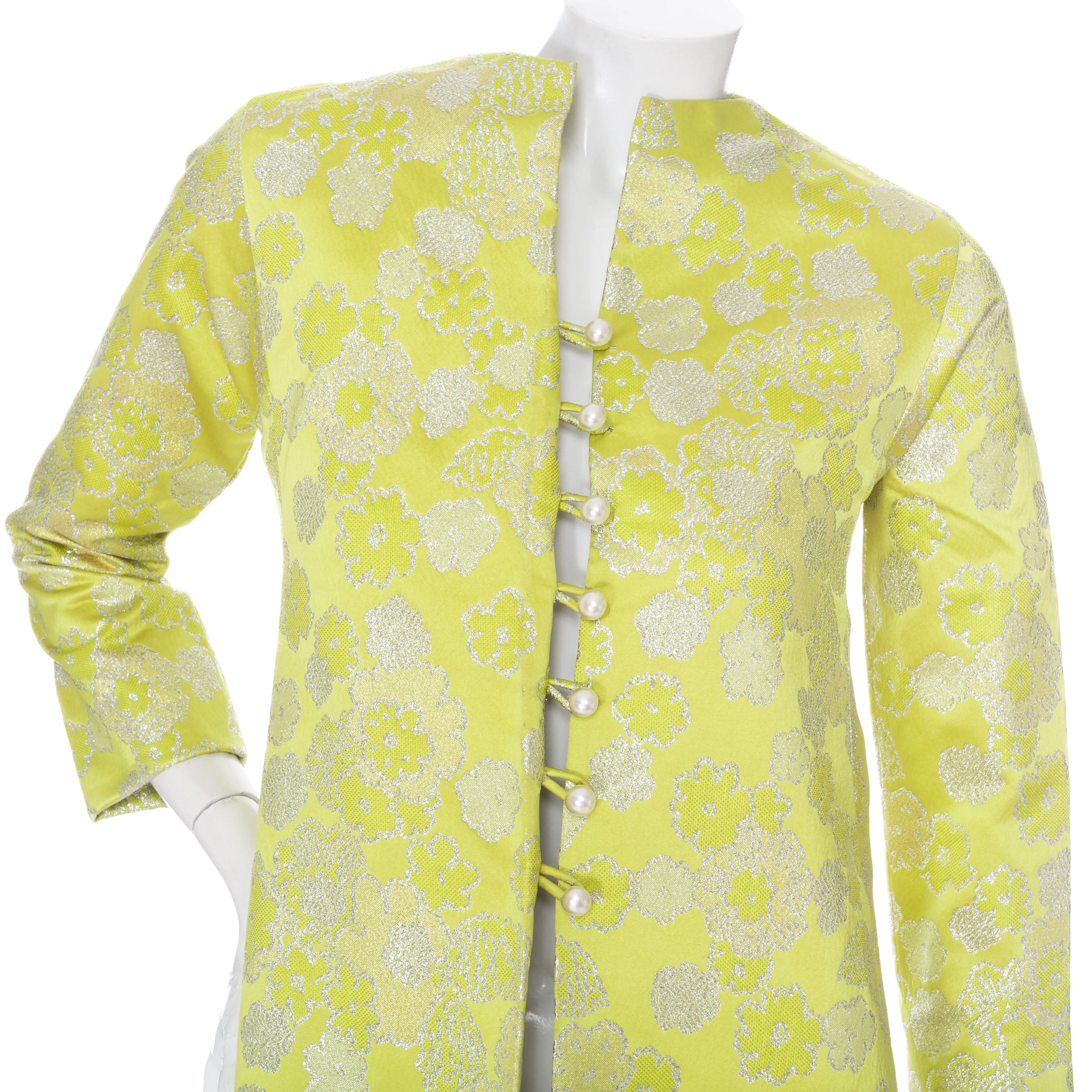 1960s Haute Couture Lime Floral Brocade Caftan