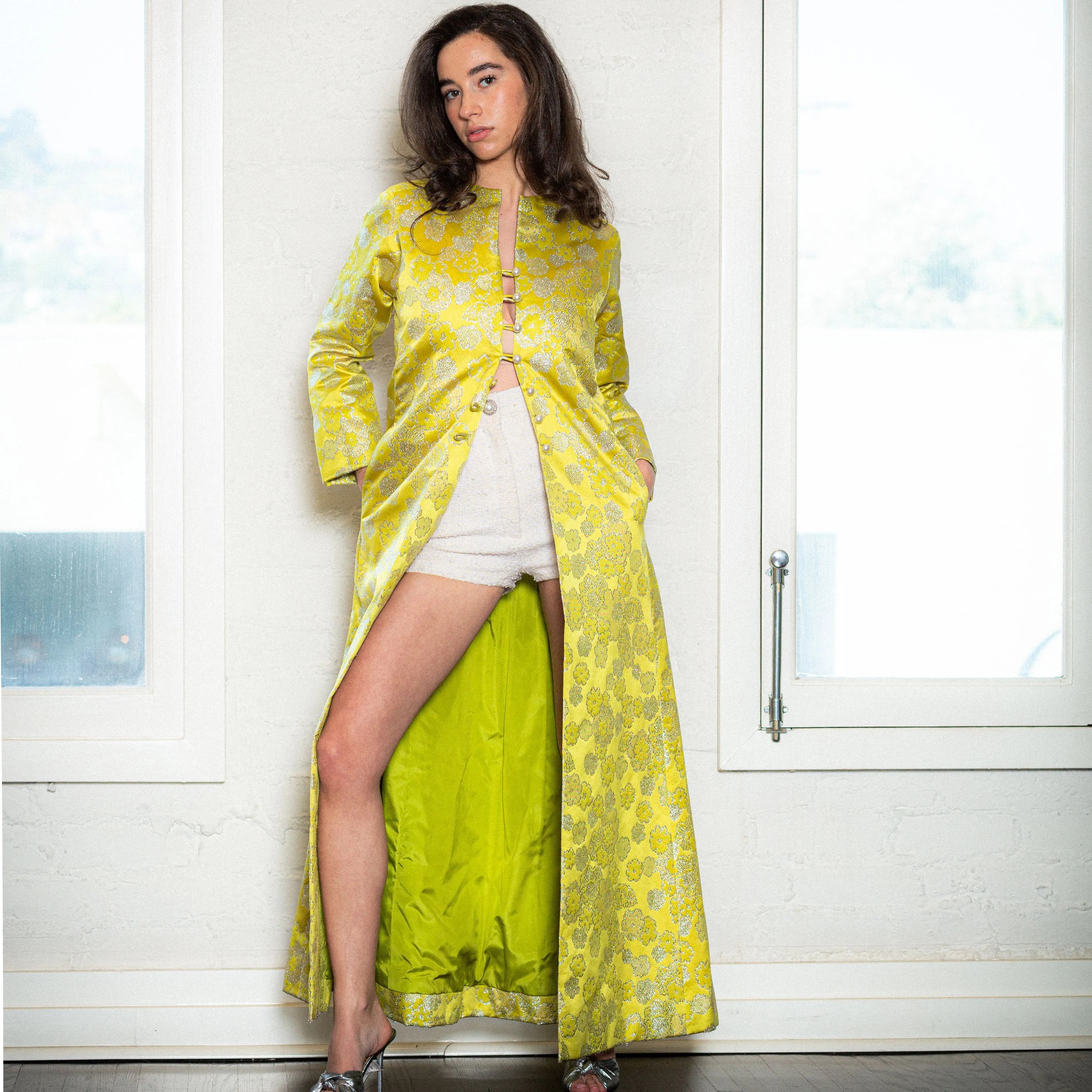 1960s Haute Couture Lime Floral Brocade Caftan