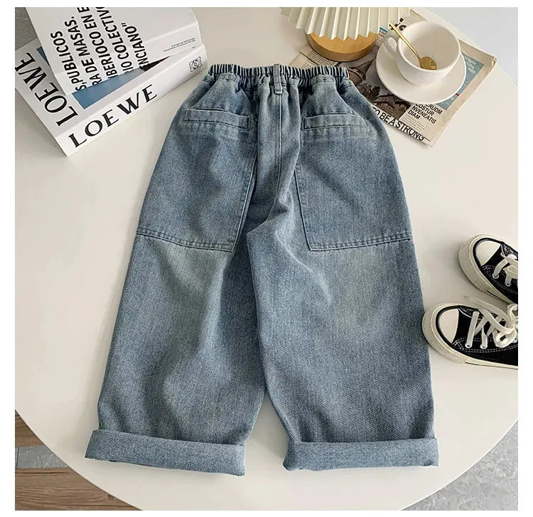 2024 Autumn New Kids pants Fashion solid color Children's straight jeans Boys loose casual denim Trousers