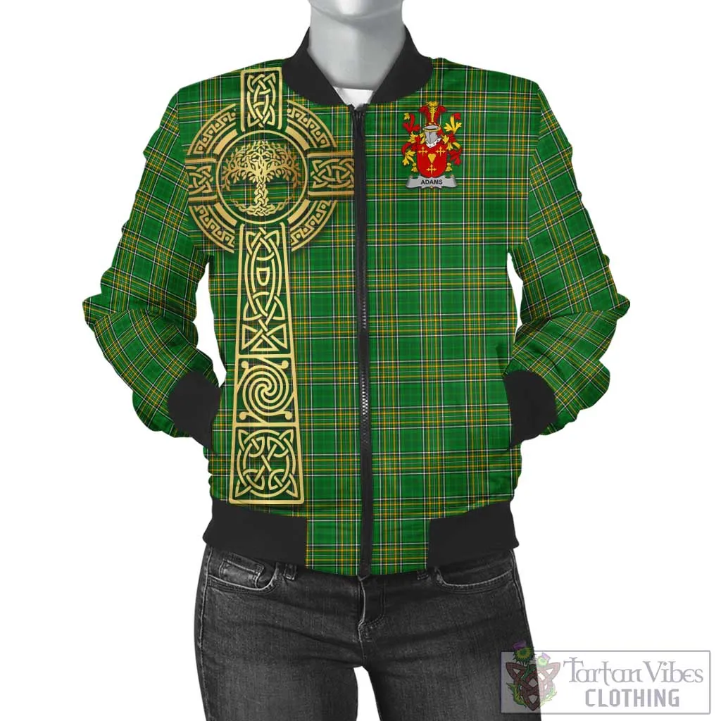 Adams Irish Clan Tartan Bomber Jacket with Coat of Arms Celtic Tree of Life Style