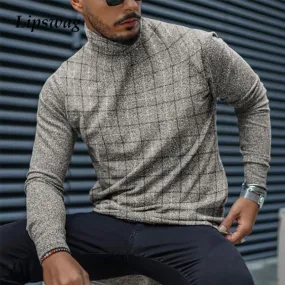 Aidase Autumn Casual Plaid Print Shirt Mens Spring Fashion Turtleneck Pullover Tops Male Long Sleeve Slim Tee Shirt Streetwear 4XL