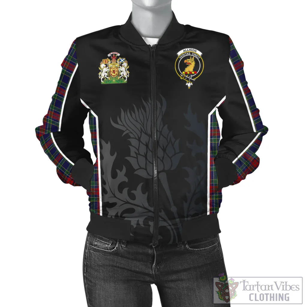 Allison Red Tartan Bomber Jacket with Family Crest and Scottish Thistle Vibes Sport Style