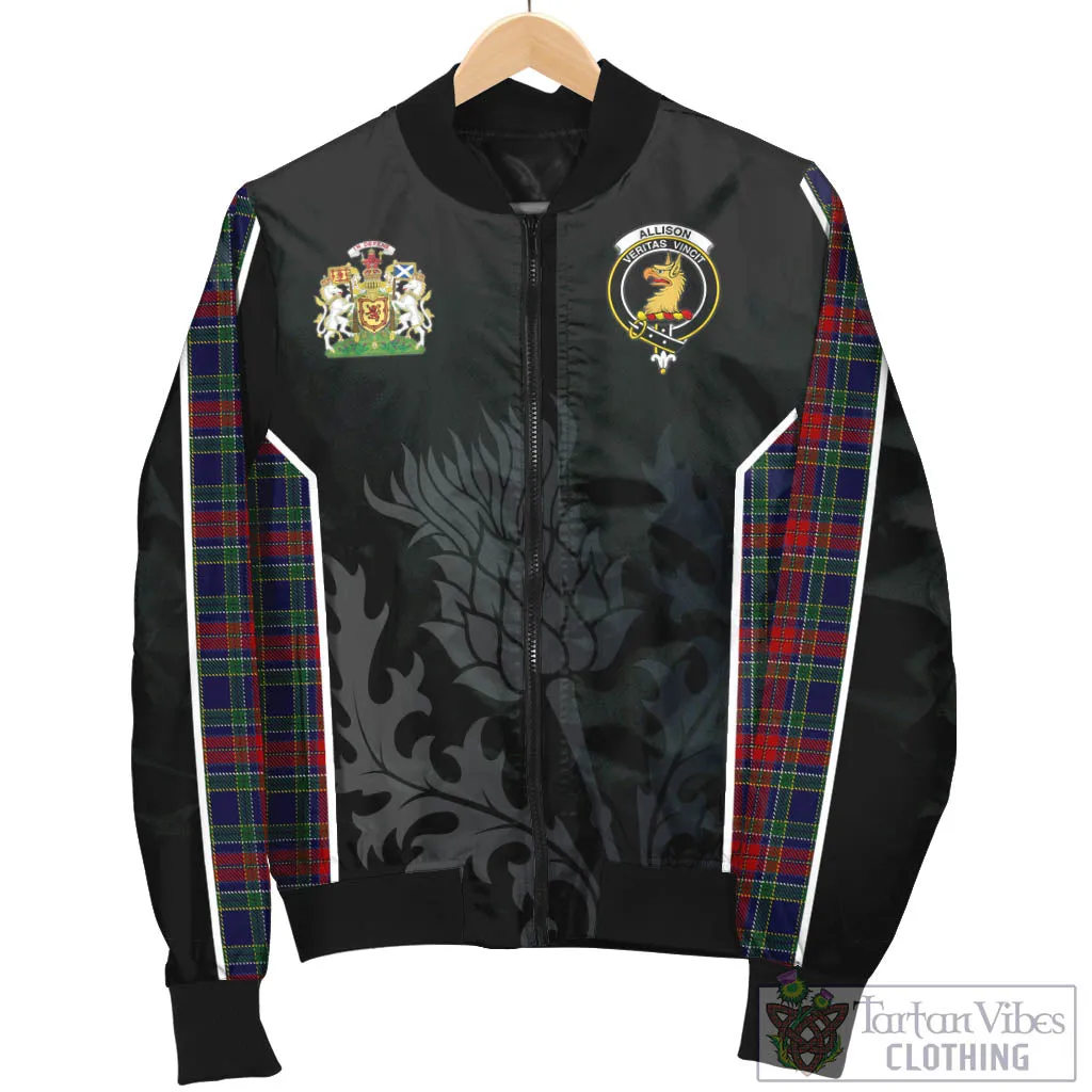 Allison Red Tartan Bomber Jacket with Family Crest and Scottish Thistle Vibes Sport Style