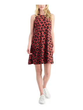 ANNE KLEIN Womens Red Stretch Printed Sleeveless Jewel Neck Above The Knee Fit   Flare Dress