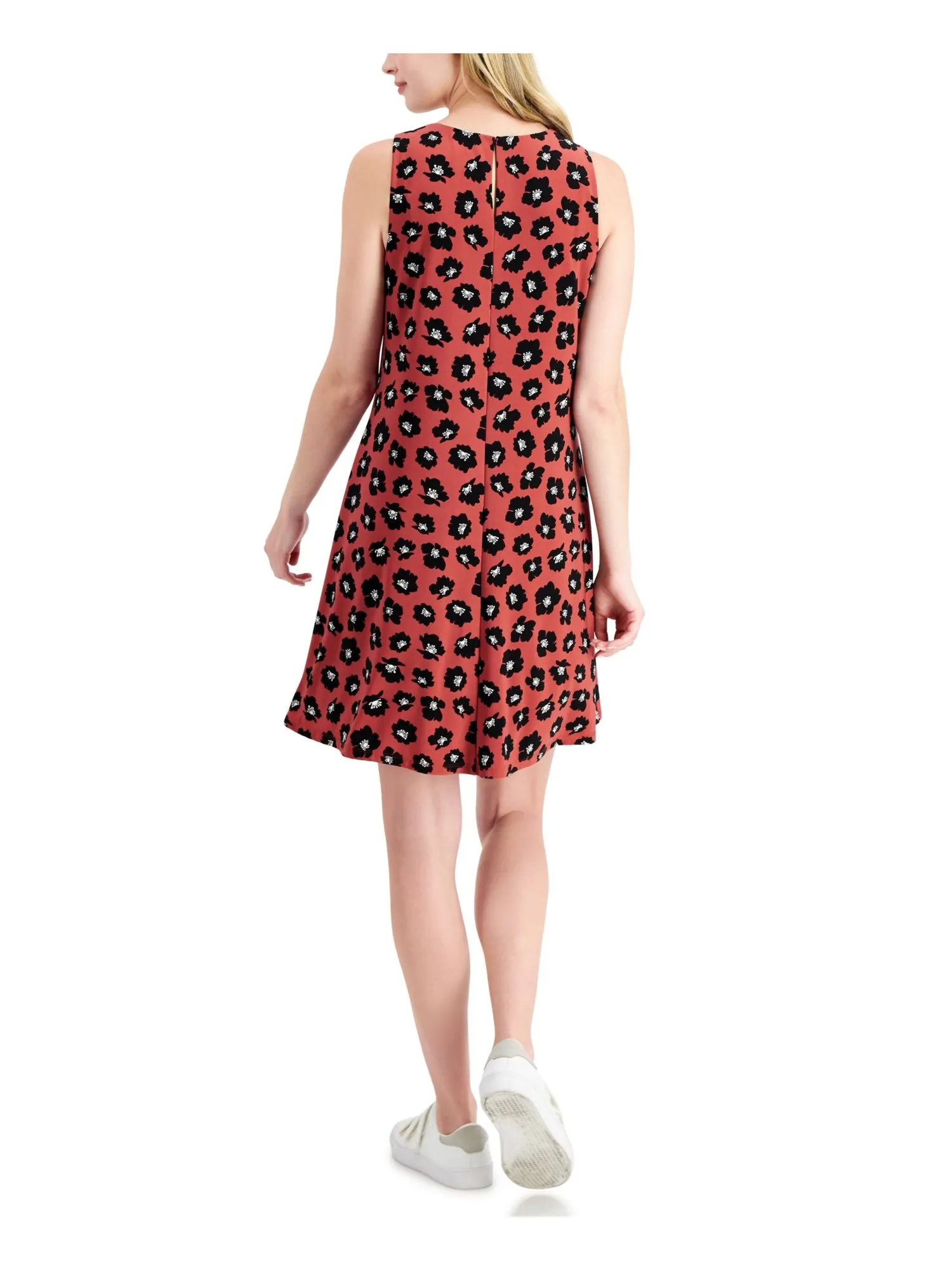 ANNE KLEIN Womens Red Stretch Printed Sleeveless Jewel Neck Above The Knee Fit   Flare Dress