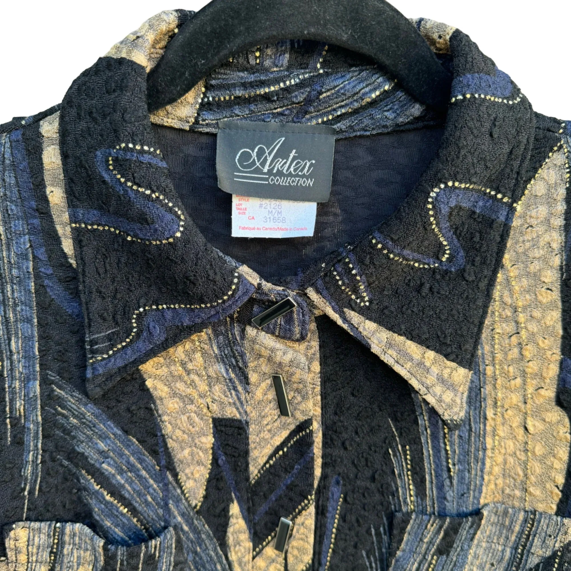 Artex Womens Glam Retro Black Blue Gold Abstract Pattern Button Up Jacket New M