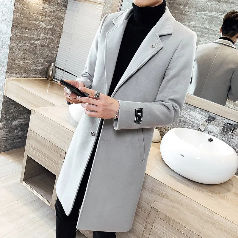 Autumn Winter Long Solid Color Windbreaker Coat 2021 New Men Woolen Coat s Plus Size 5XL Men&#39;s Slim Fashion Windbreaker Jacket