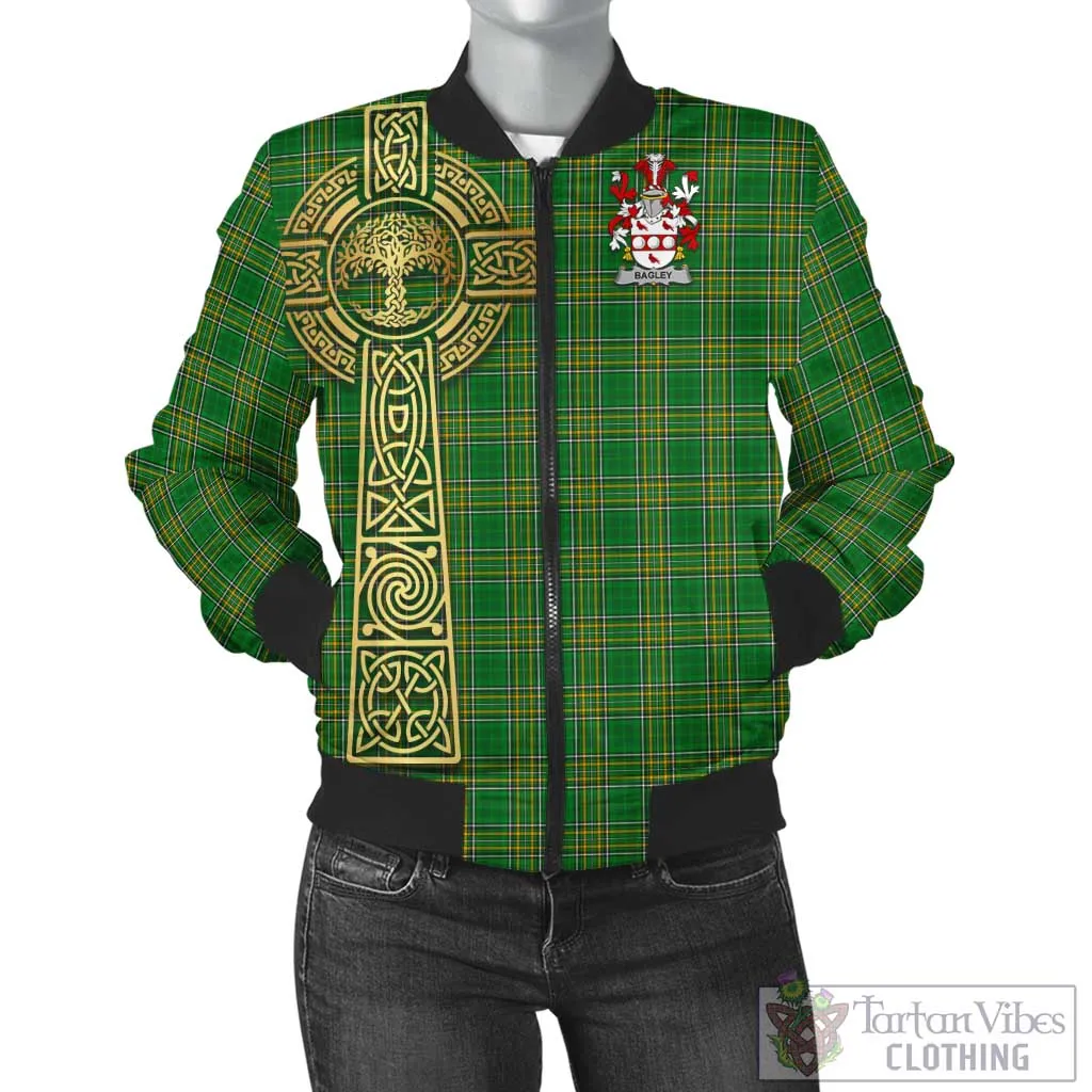 Bagley Irish Clan Tartan Bomber Jacket with Coat of Arms Celtic Tree of Life Style