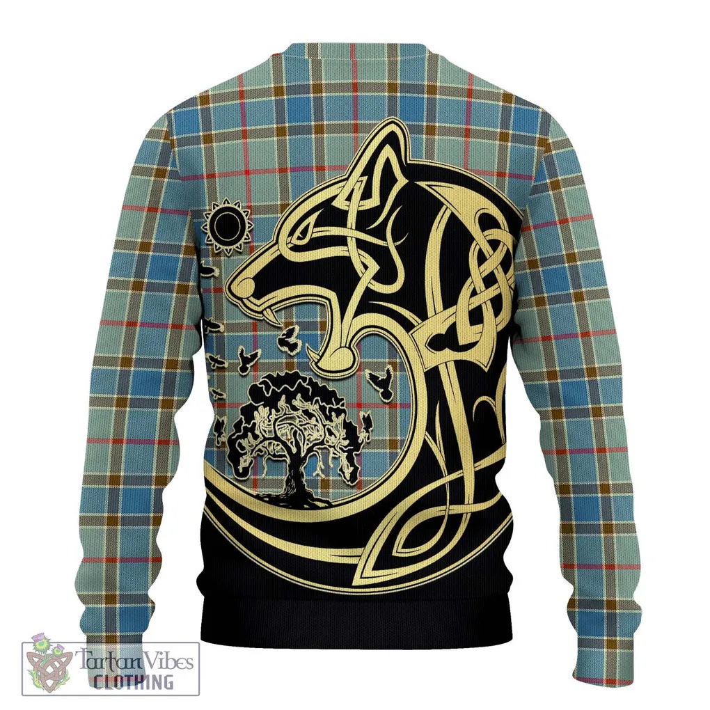 Balfour Blue Tartan Ugly Sweater with Family Crest Celtic Wolf Style