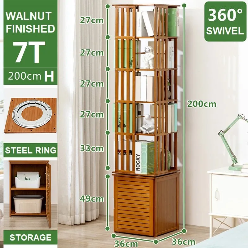 Bamboo 7 Tiers Open Bookcase with Door, Spinning Bookshelf Display Rack for Home