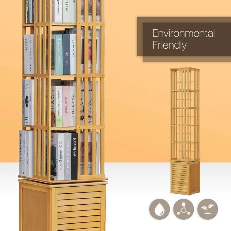 Bamboo 7 Tiers Open Bookcase with Door, Spinning Bookshelf Display Rack for Home