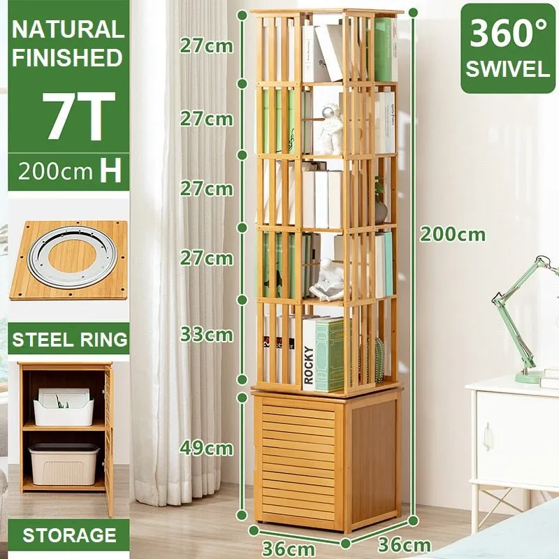 Bamboo 7 Tiers Open Bookcase with Door, Spinning Bookshelf Display Rack for Home