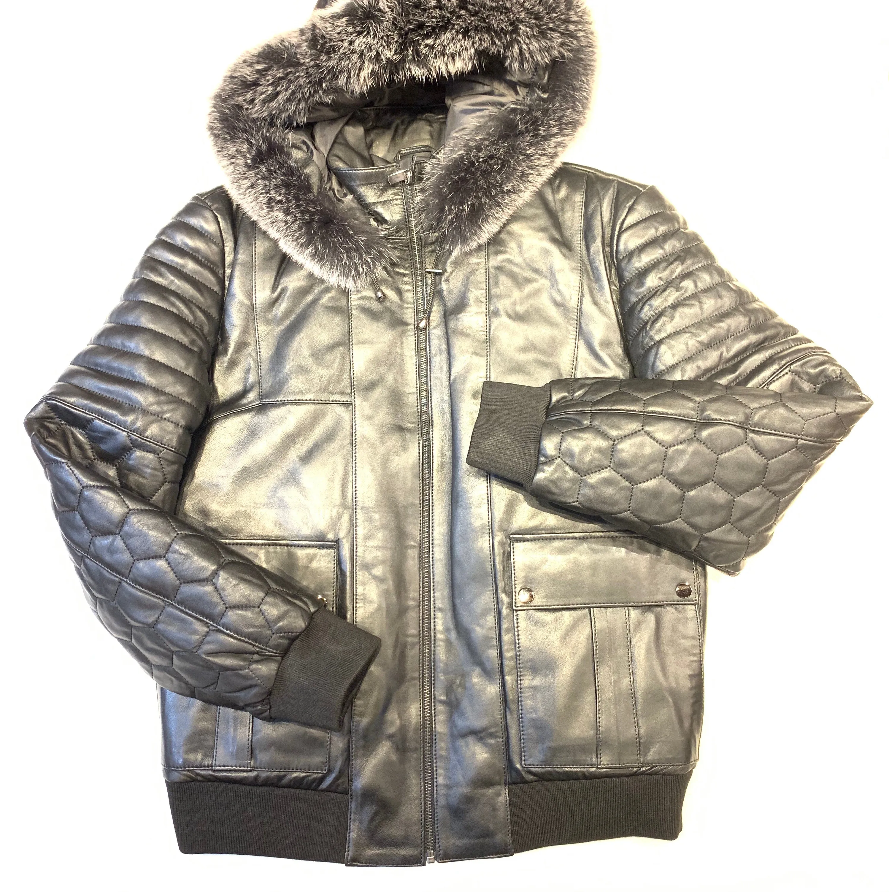 Barya NewYork Quilted Lambskin Silver Fox Fur Hooded Bomber Jacket