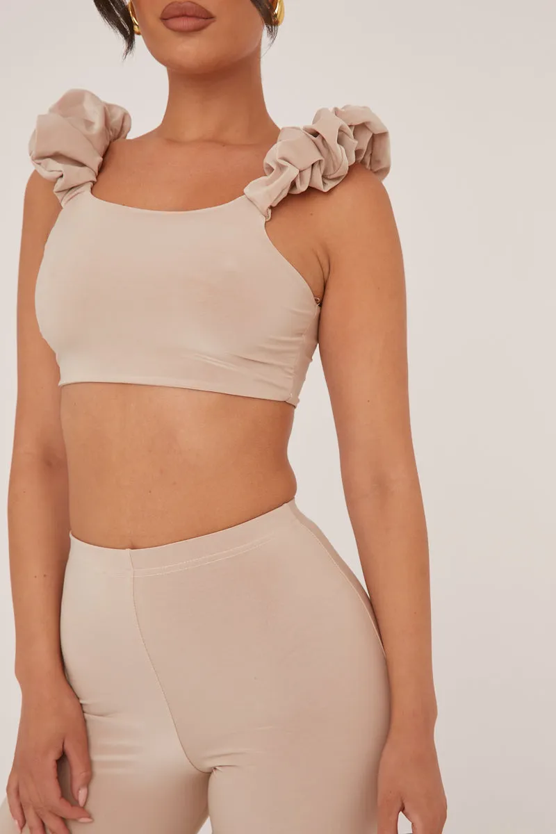 Beige Frill Detail  Cropped Top & Wide Leg Trousers Co-ord Set - Sophie