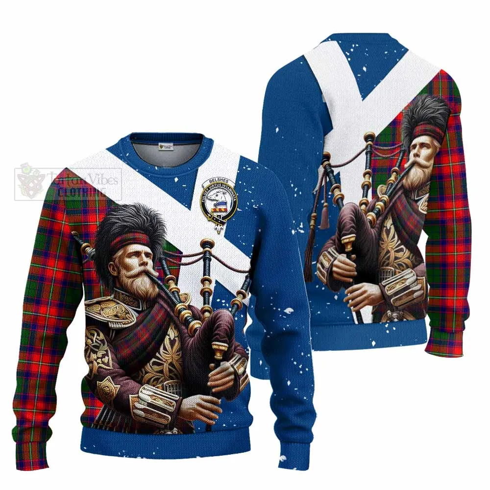 Belshes (Belsches) Tartan Knitted Sweater with Family Crest Scottish Bagpiper Vibes