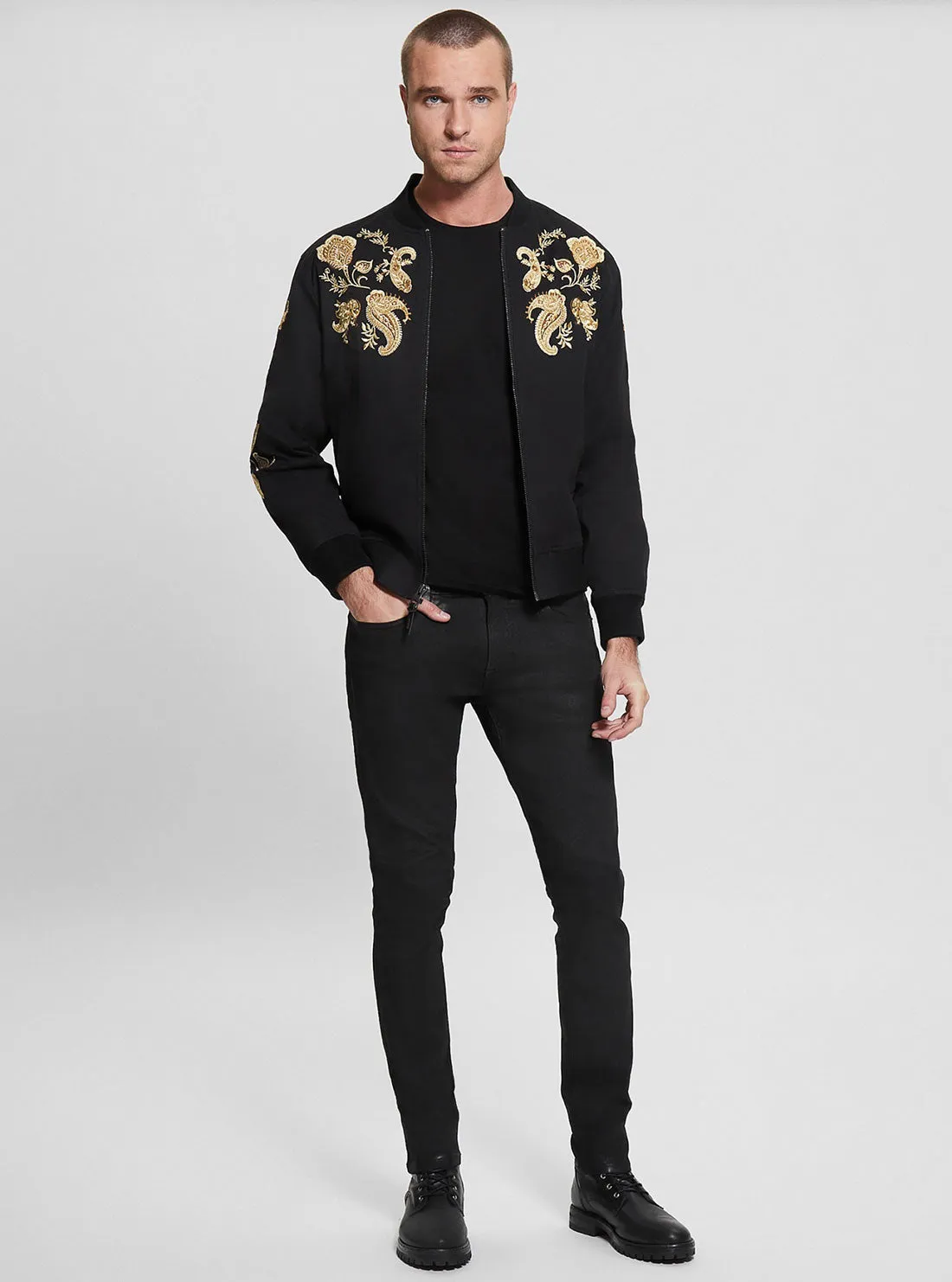 Black Maxim Embroidered Bomber Jacket