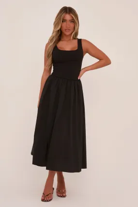 Black Rib Knit Drop Waist Scoop Neck Maxi Dress - Elian