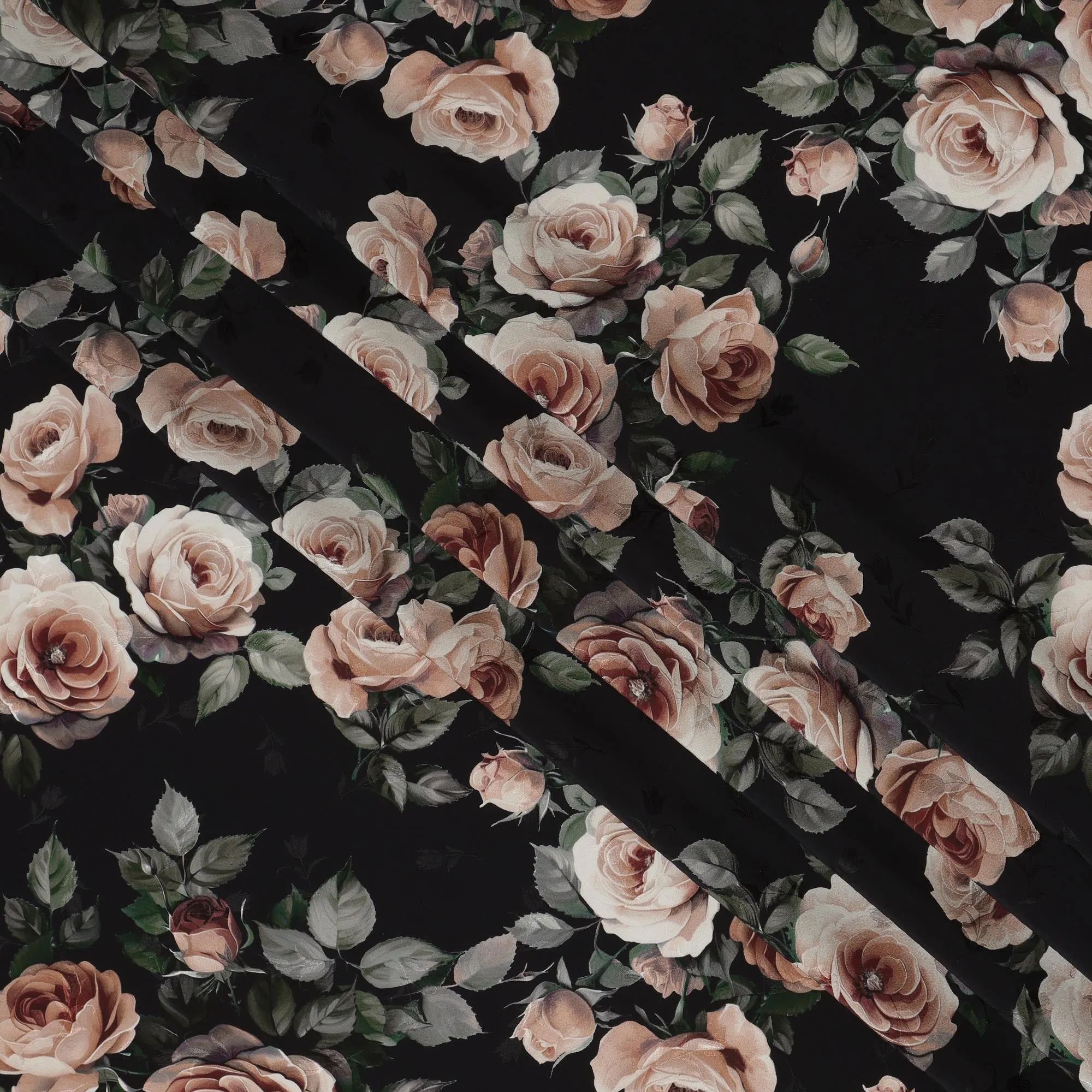 Black Rose Floral Pure Silk Satin Fabric - 140 cm Width, Made in Italy-D20739