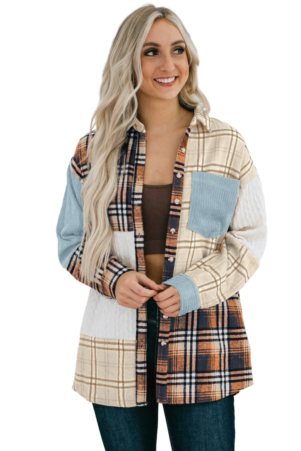 Blue Plaid Color Block Patchwork Shirt Jacket with Pocket