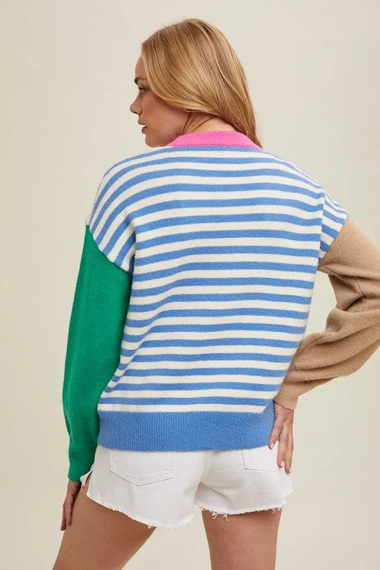 Blue/White Colorblock Striped Sweater