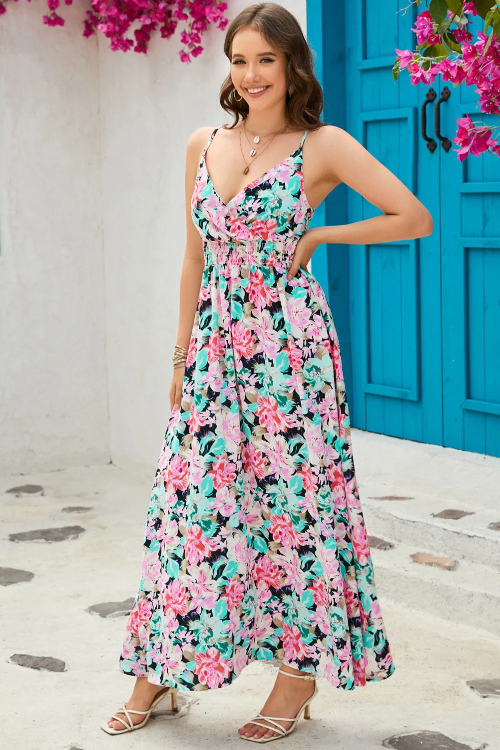 Botanical Floral Spaghetti Strap Surplice Neck Maxi Dress