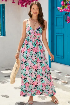 Botanical Floral Spaghetti Strap Surplice Neck Maxi Dress