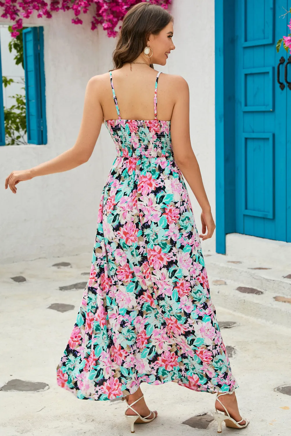 Botanical Floral Spaghetti Strap Surplice Neck Maxi Dress