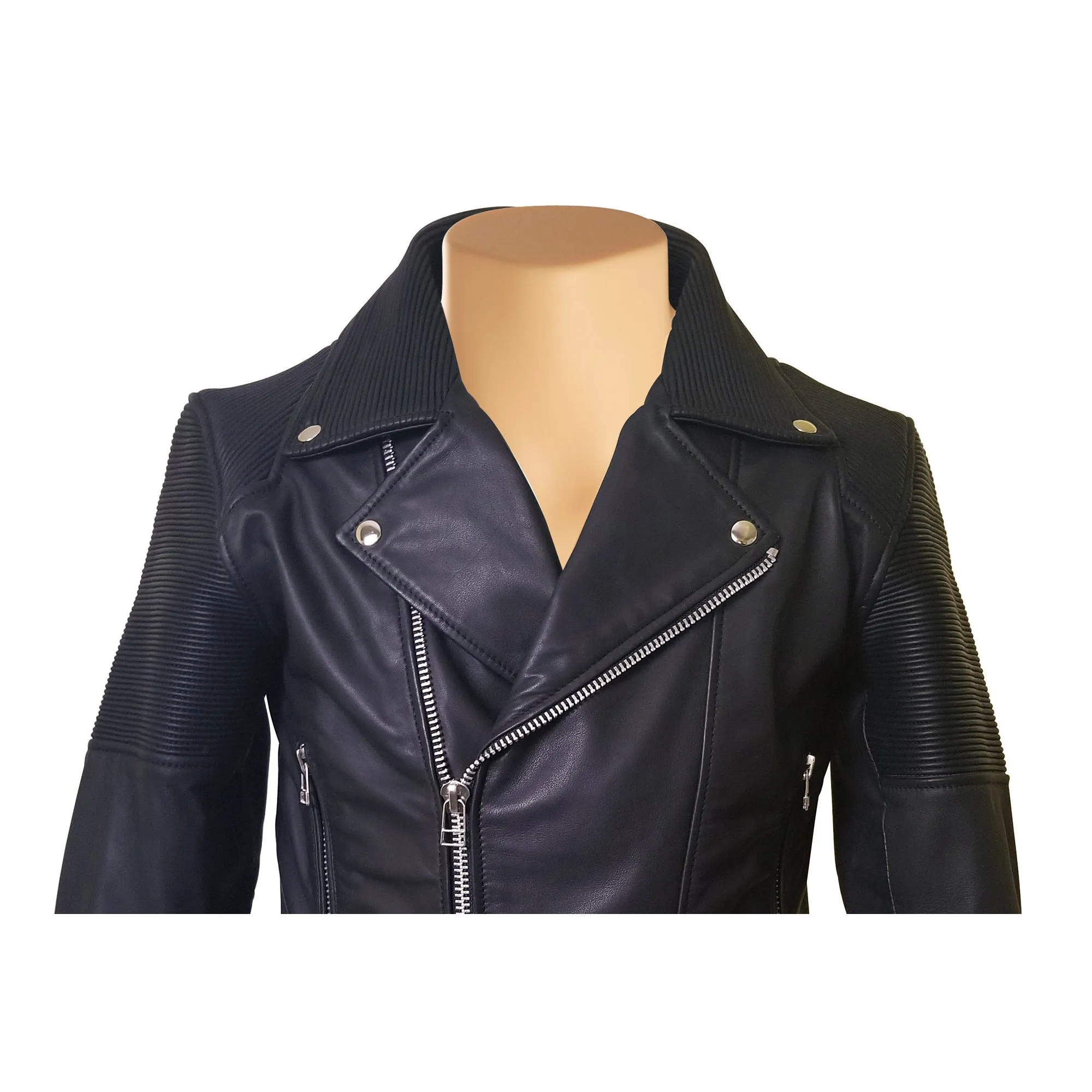 Brett's biker style leather jacket with stretchy leather