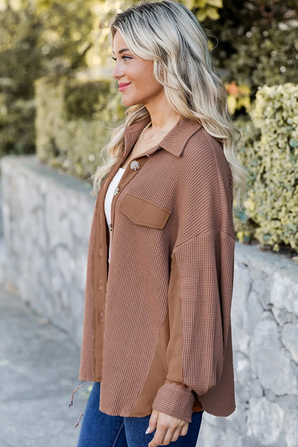 Brown Drop Shoulder Waffle Knit Shacket