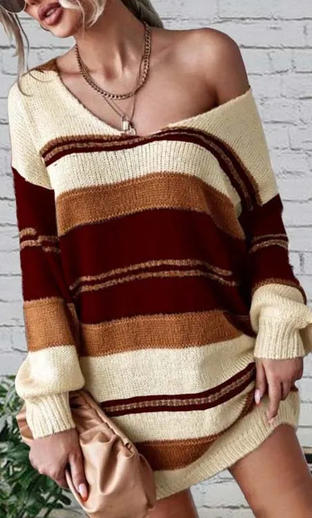 Burgundy Deep V-neck Color Block Sweater