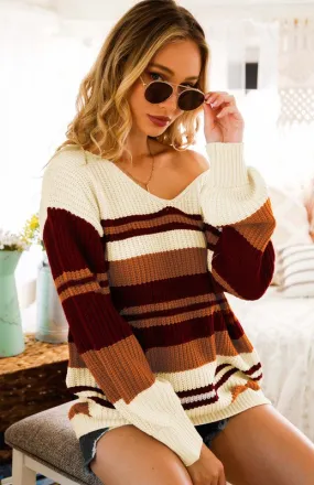 Burgundy Deep V-neck Color Block Sweater