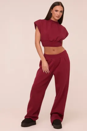 Burgundy Shirring Detail Cropped Top & Straight Leg Trousers Co-ord Set - Harley