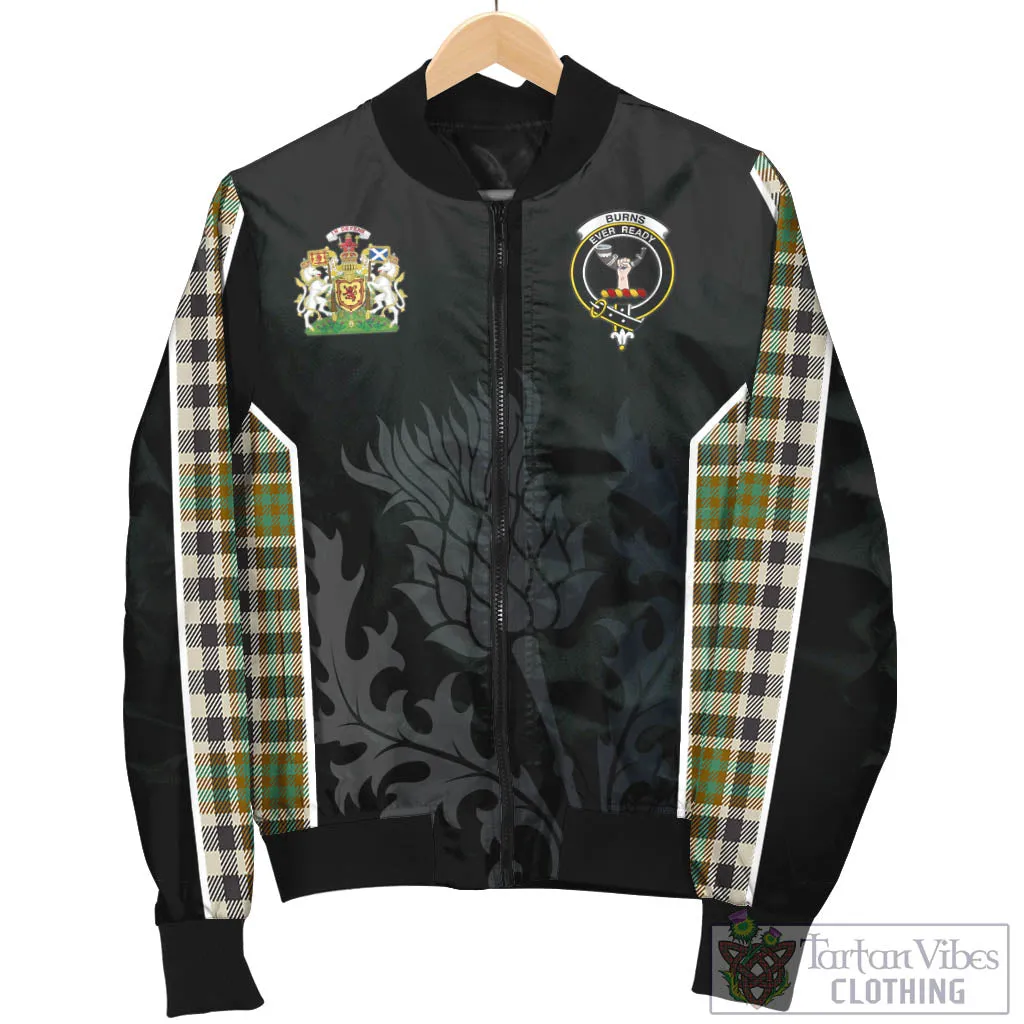 Burns Check Tartan Bomber Jacket with Family Crest and Scottish Thistle Vibes Sport Style