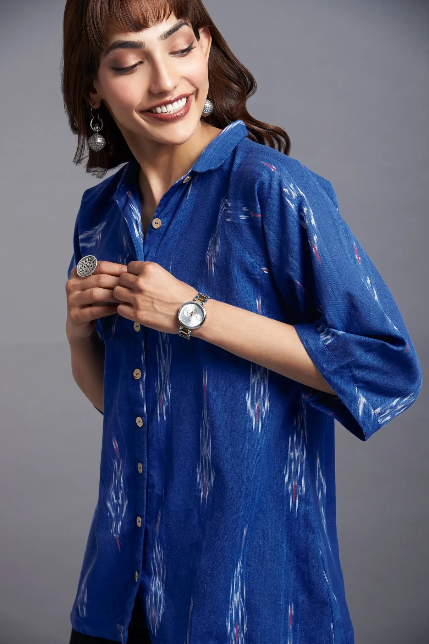 button down shirt with round hem & easy sleeve - marine blue & chicago skies