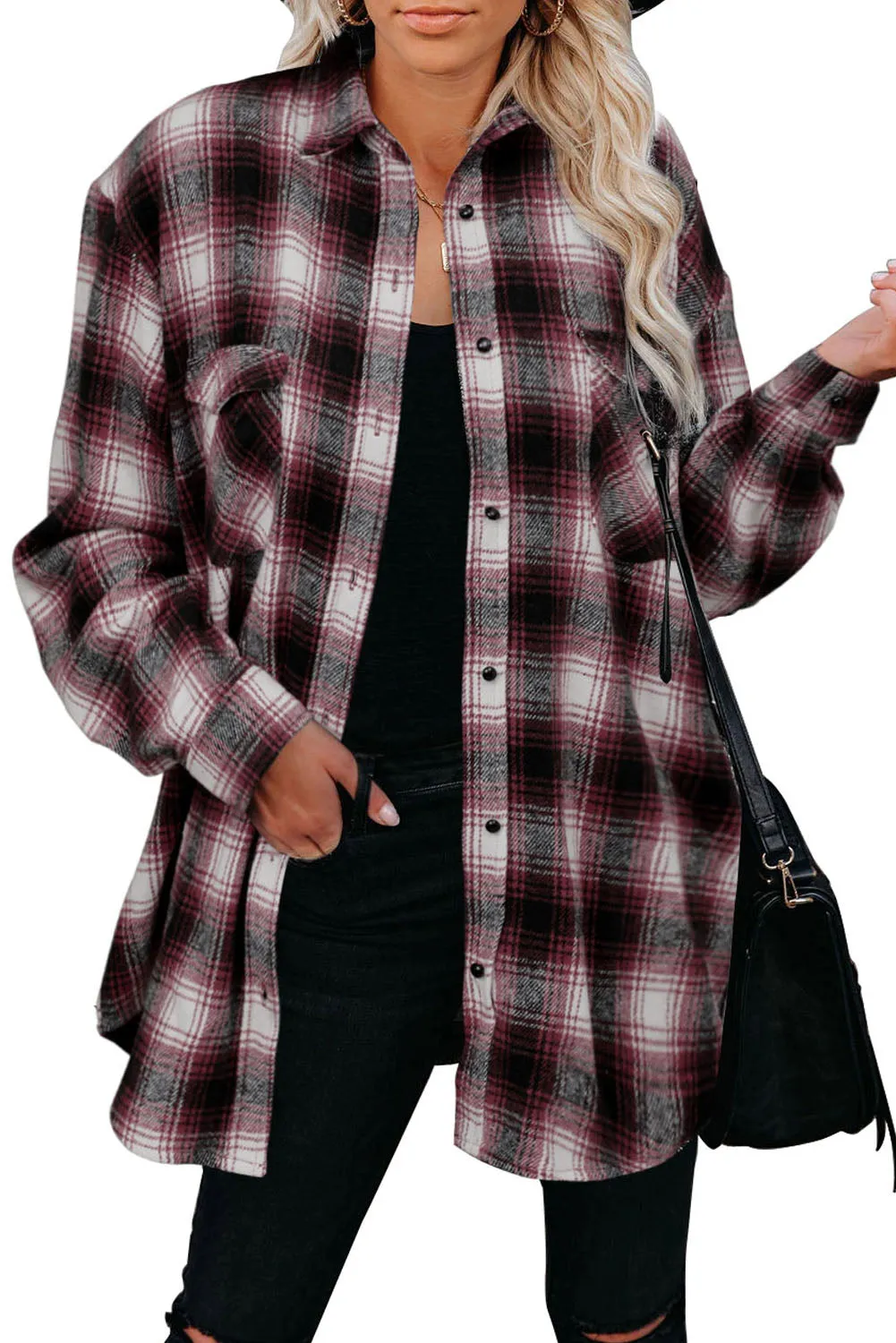 Buttons Pocketed Plaid Shacket