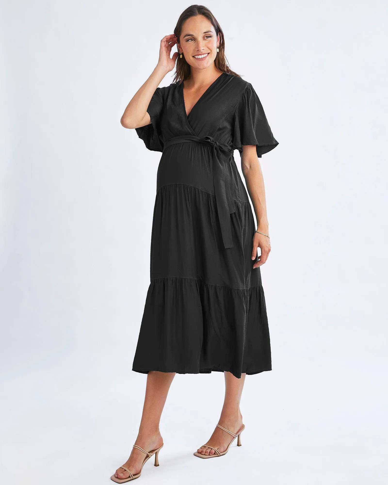 Cara Black Maternity Maxi Tiered Dress