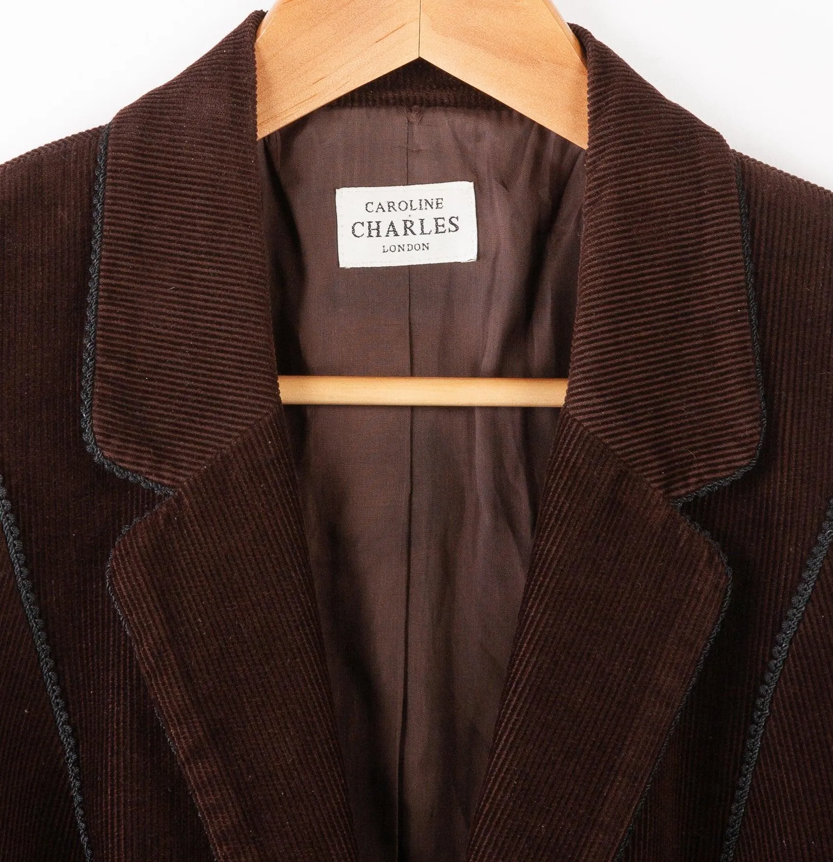 Caroline Charles Corduroy Jacket Brown with Black Piping Size UK 12