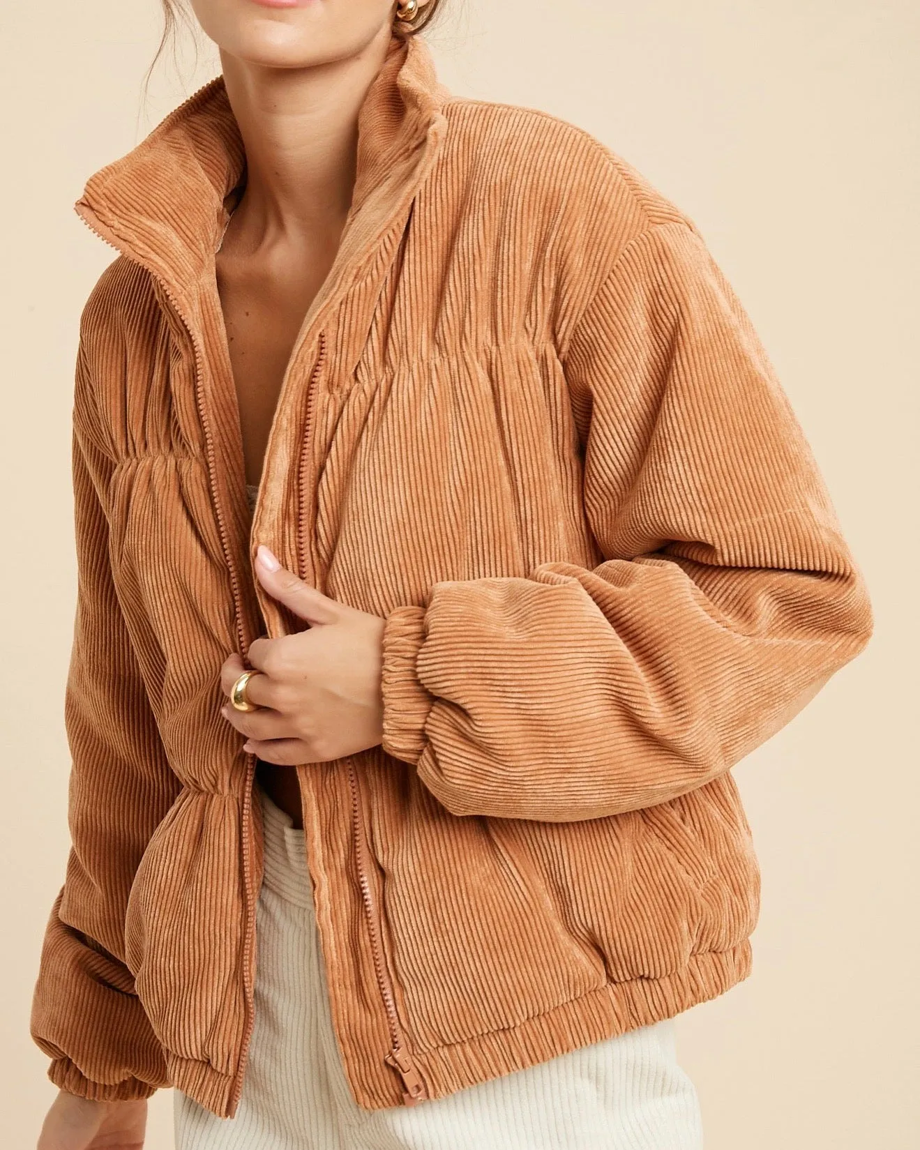 Cassidy Corduroy High Collared Bomber Jacket in Camel