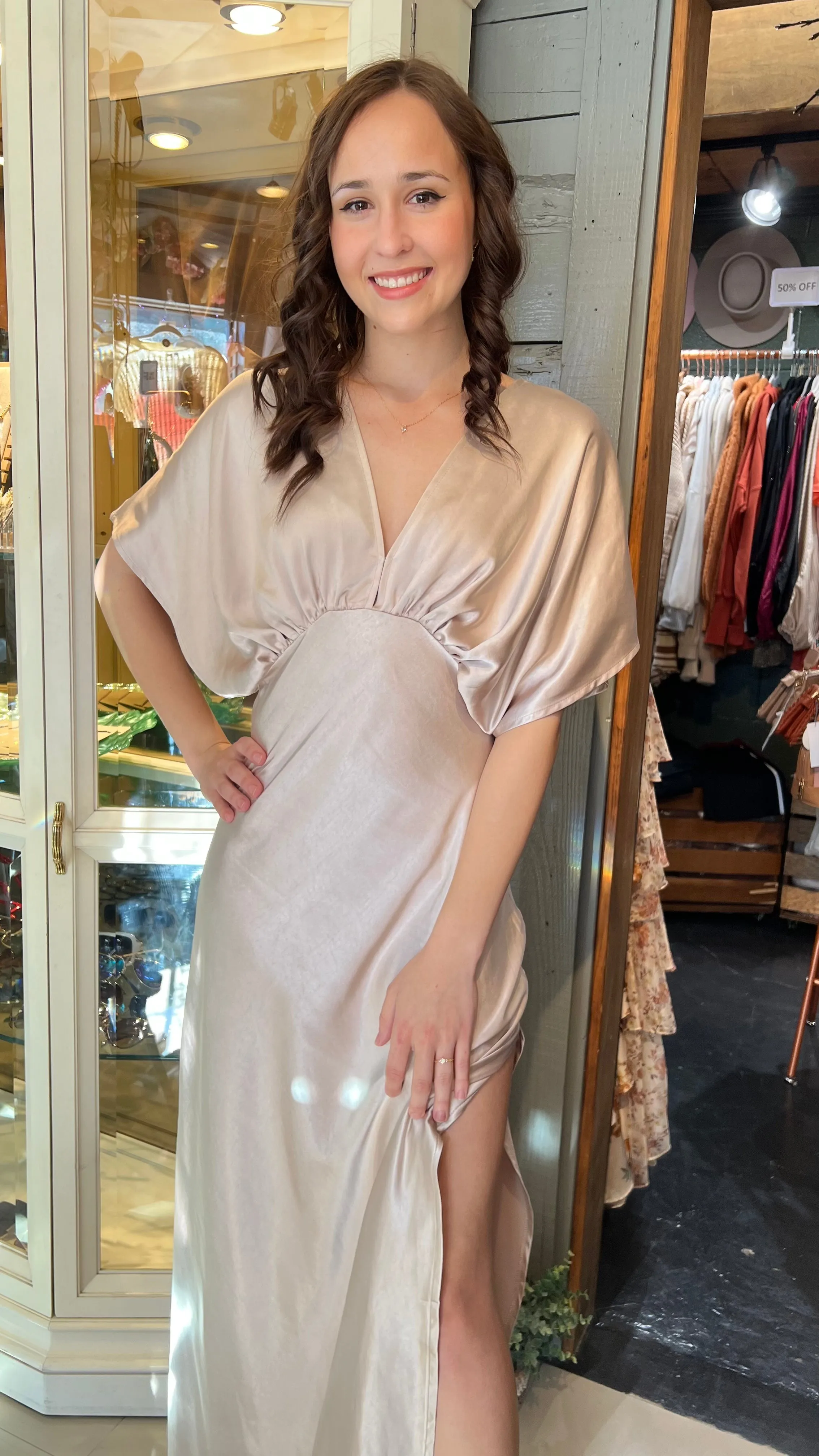 Classic Elegant Oyster Satin Maxi Dress