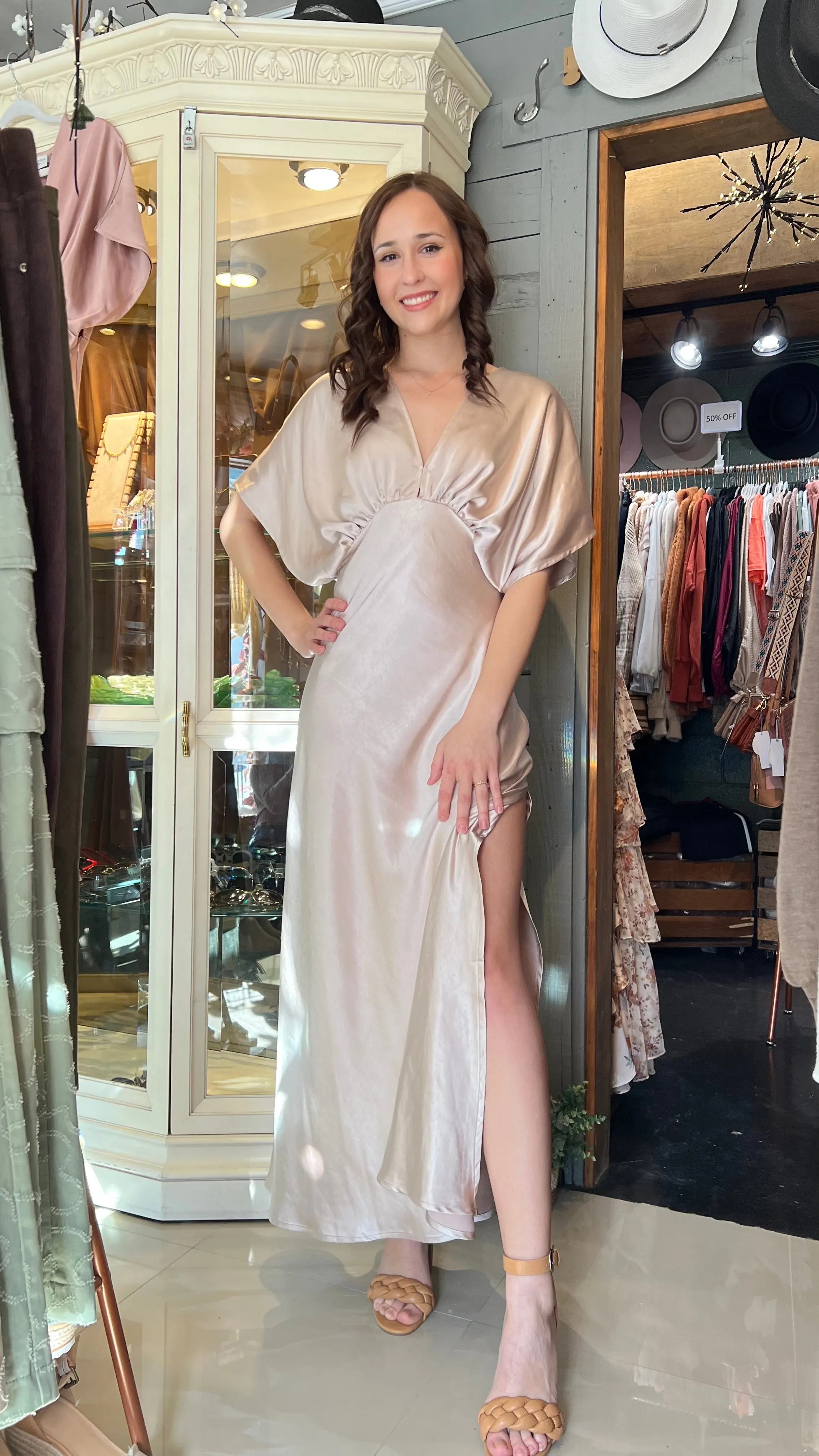 Classic Elegant Oyster Satin Maxi Dress