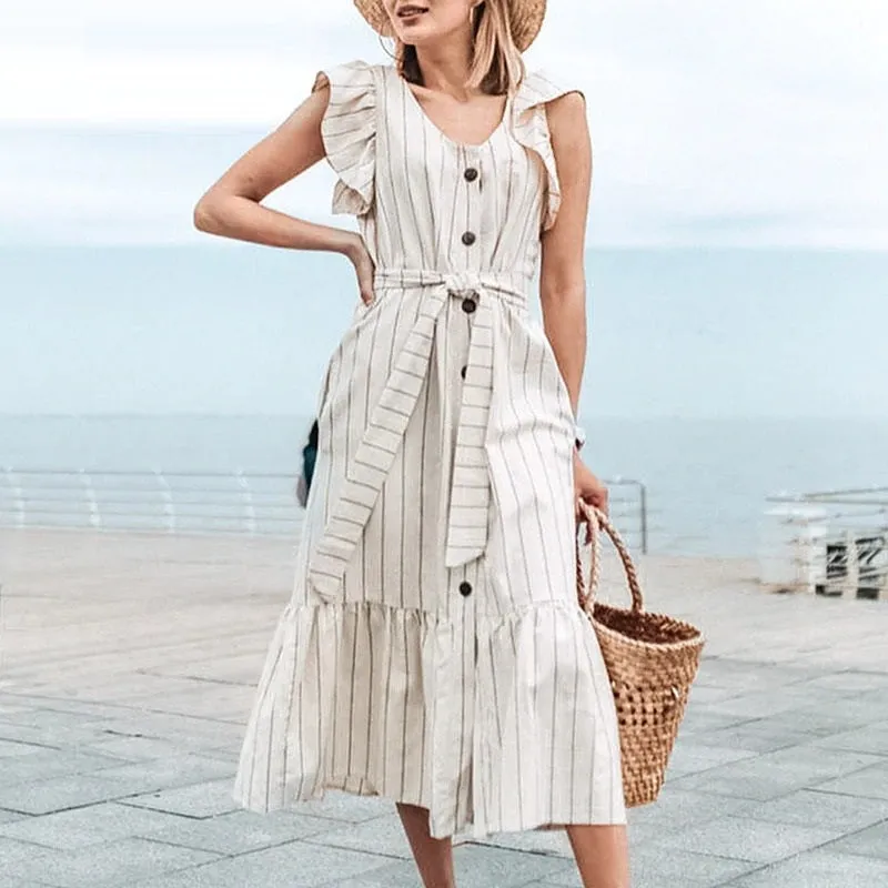 Classic V-neck Striped Elegant Ruffle Sleeve Office Maxi Long Dress