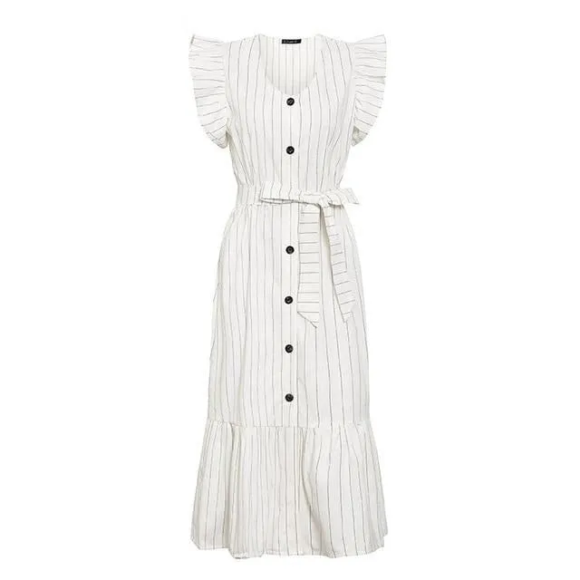 Classic V-neck Striped Elegant Ruffle Sleeve Office Maxi Long Dress