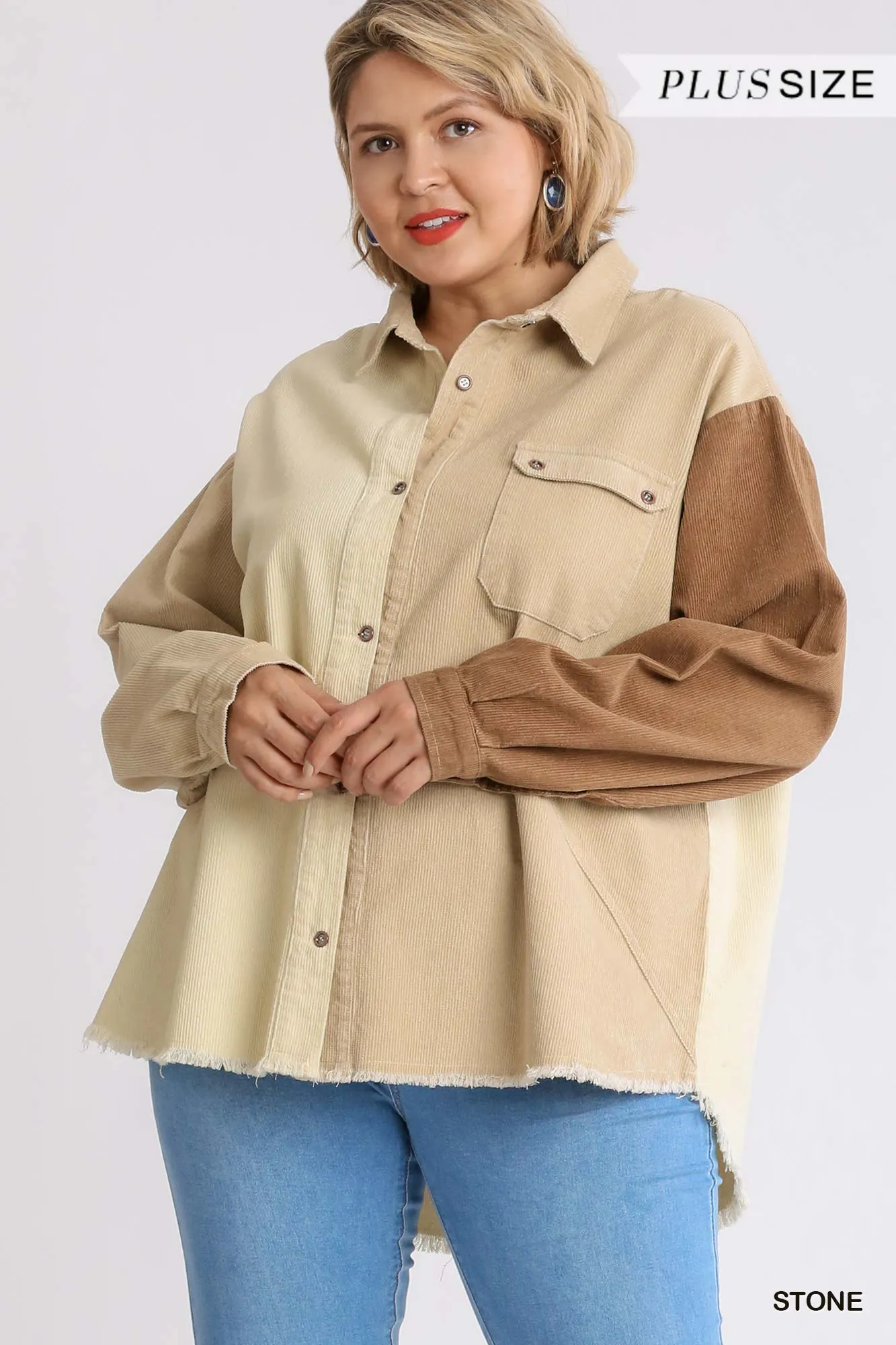 Corduroy Colorblock Collared Button Down Jacket with Chest Pocket and High Low Raw Hem