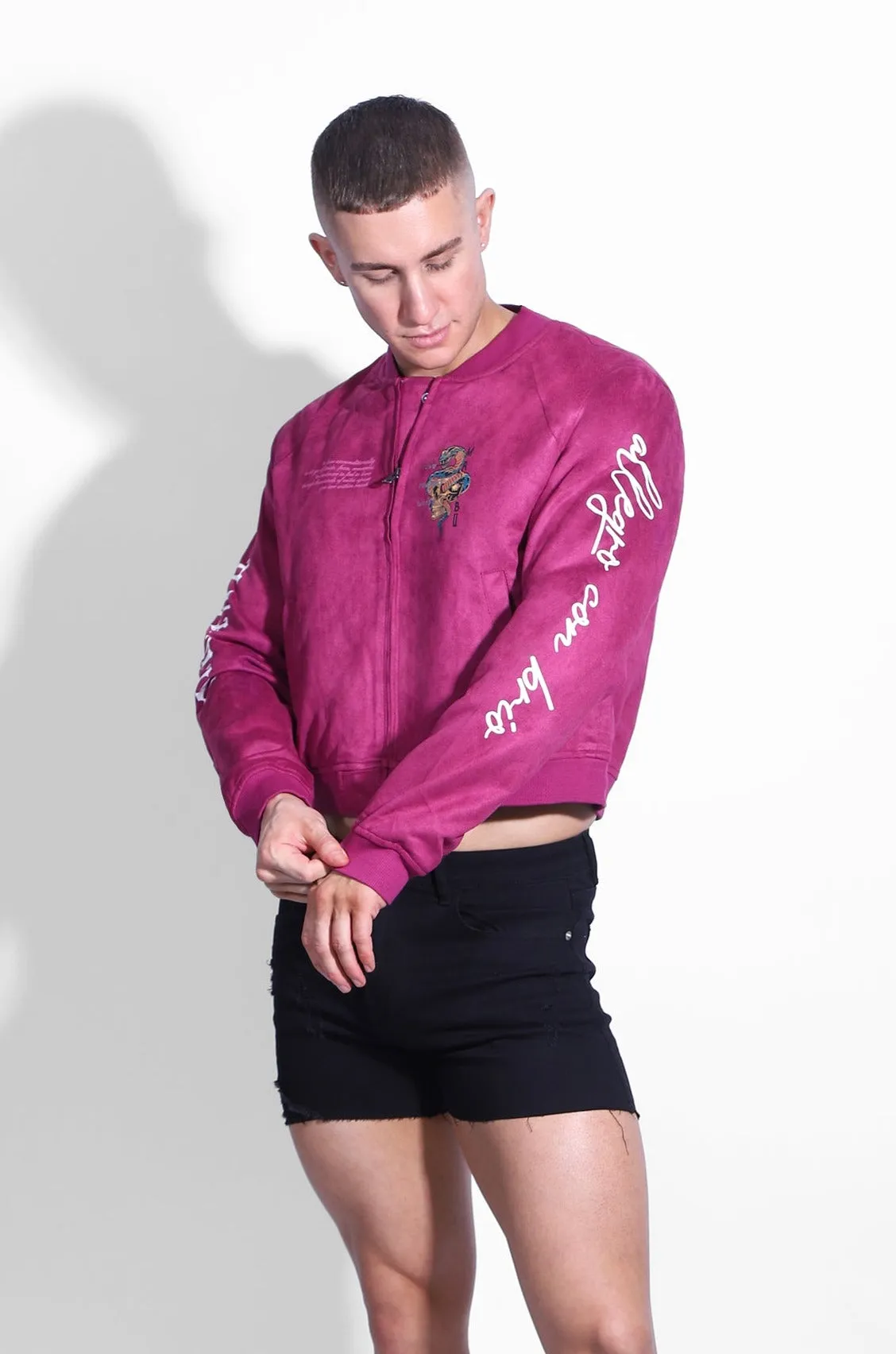 Cropped Suede Bomber Jacket - Magenta