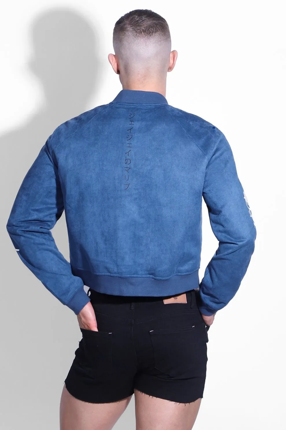 Cropped Suede Bomber Jacket - Navy