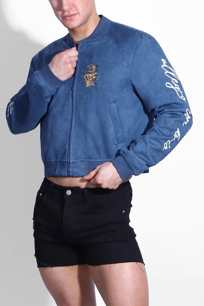 Cropped Suede Bomber Jacket - Navy