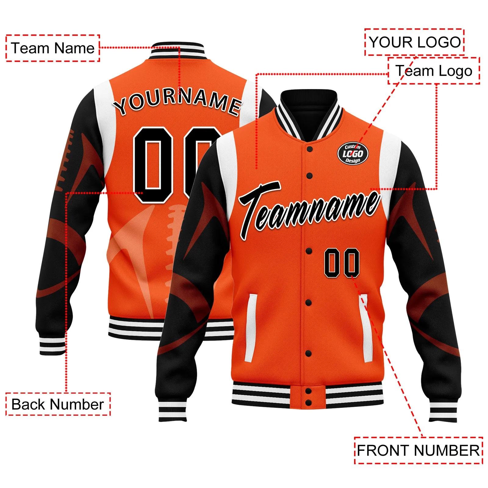 Custom Orange Cincinnati Jacket Bomber Full-Snap Varsity Letterman Personalized Jacket FZ005-D025004-6