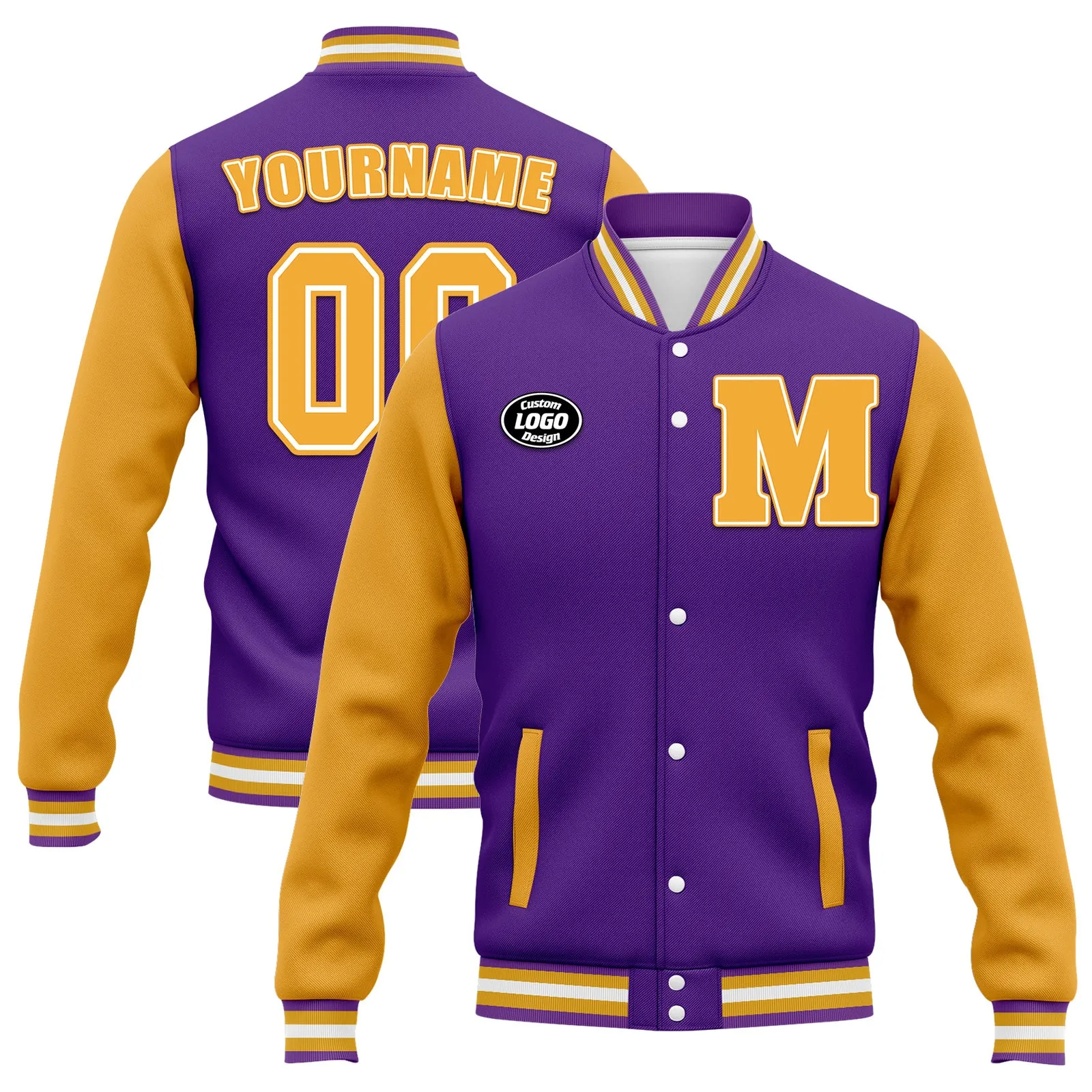 Custom Purple Yellow Waterproof Jacket Bomber Full-Snap Varsity Letterman Personalized Jacket FZ007CD-D020316-12